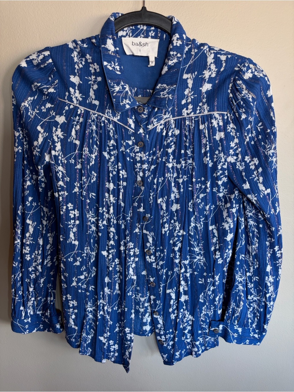 ba&sh Fiona Bleuet Floral Button-Front Women's Blouse with silver threads size S